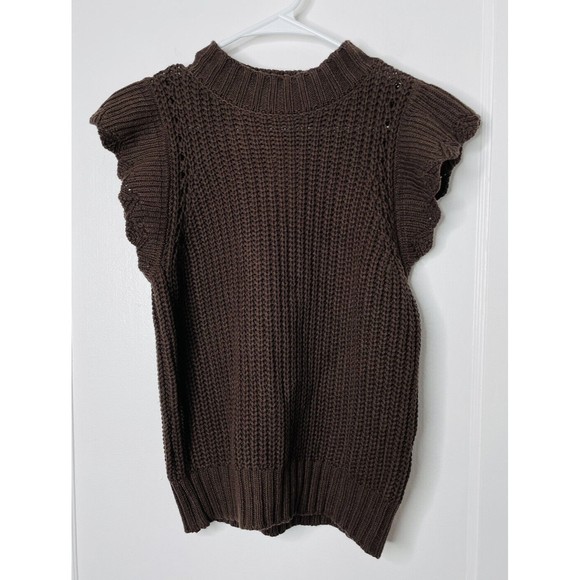 evereve Sweaters - Evereve Womens S Open Knit Audrey Ruffle Sweater Brown Slightly Sheer Scallop NW
